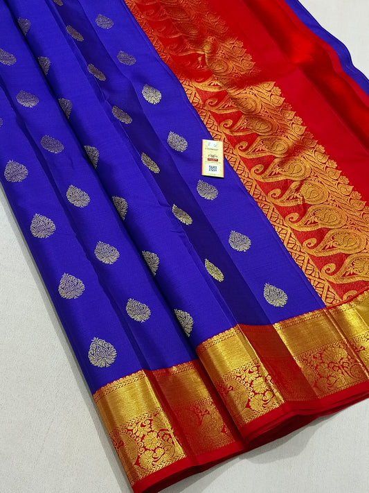 Traditional blue kanchipuram silk saree with red border