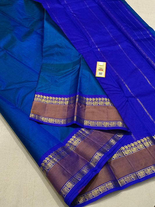 Traditional blue kanchipuram silk saree with copper border