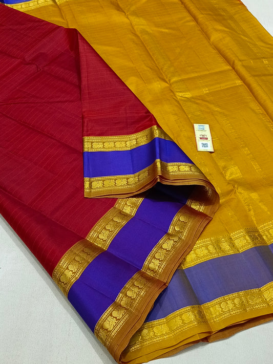 Traditional maroon kanchipuram silk saree with blue border