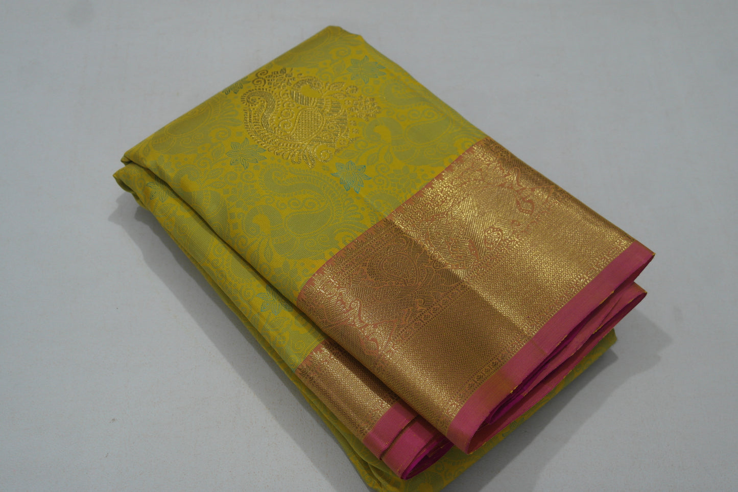 Green Bridal Saree With Pink Border In Pure Kanchipuram Silk