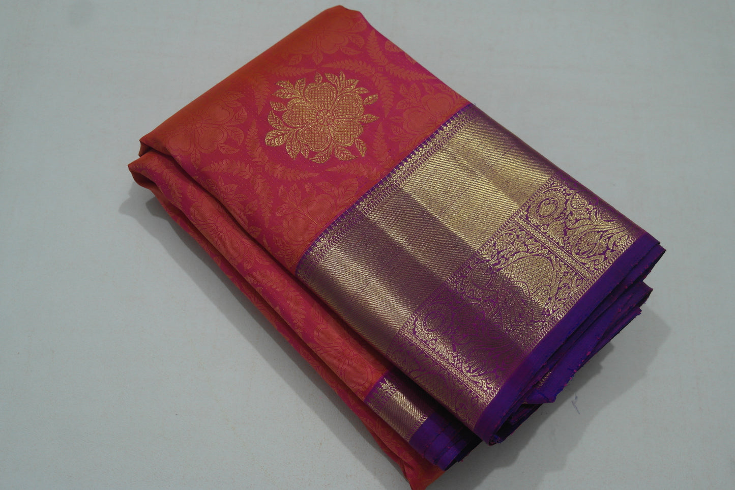 Orange Bridal Kanchipuram Silk Saree With Contrasting Violet Border