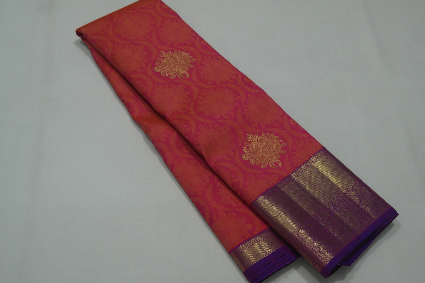 Orange Bridal Kanchipuram Silk Saree With Contrasting Violet Border