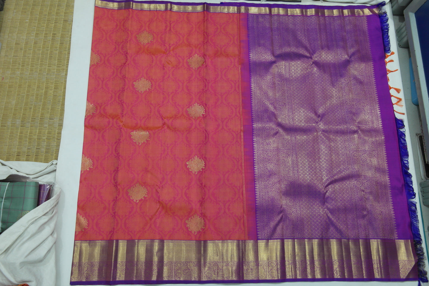 Orange Bridal Kanchipuram Silk Saree With Contrasting Violet Border