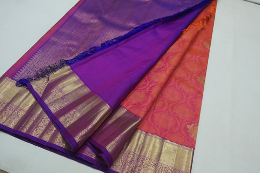 Orange Bridal Kanchipuram Silk Saree With Contrasting Violet Border