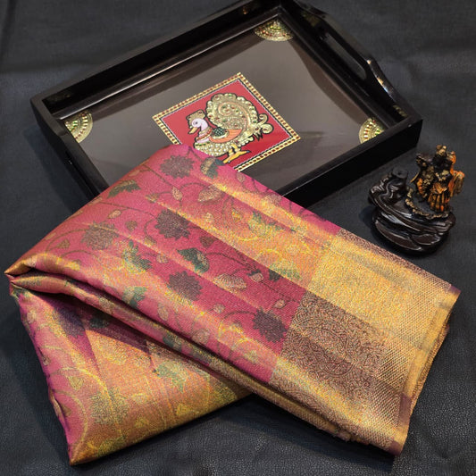 Royal Rose Pink Bridal Kanchipuram Silk Saree with Grand Antique Gold Zari