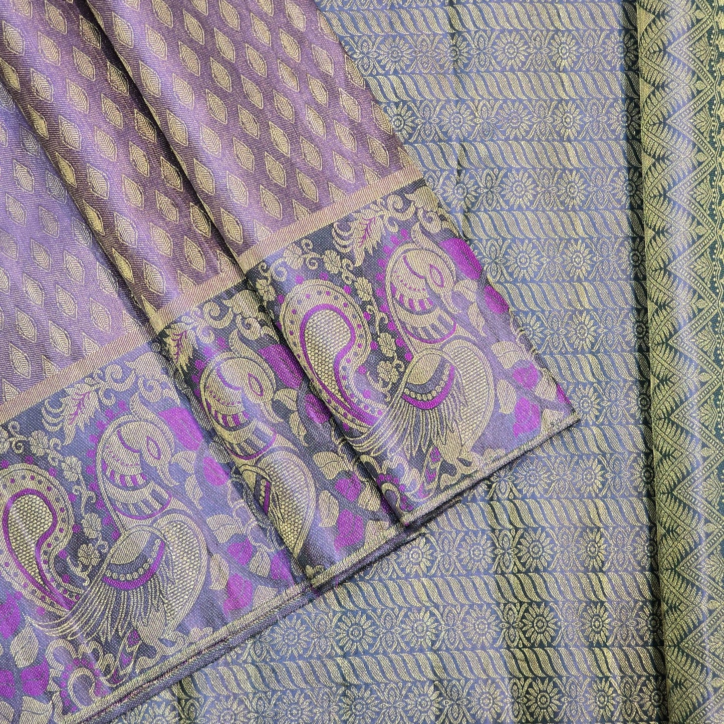 Royal Lavender & Gold Zari Woven Kanchipuram Silk Saree with Peacock Border