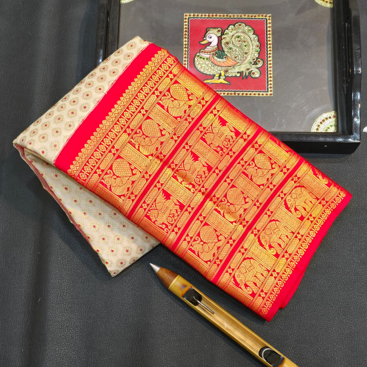 Ivory White & Rani Red Kanchipuram Silk Saree with Grand Temple Zari Border – Classic Bridal Heritage Collection