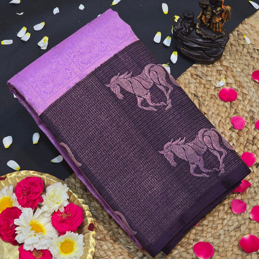 Lavender & Deep Plum Kanchipuram Silk Saree with Majestic Horse Motif Border – Luxury Traditional Wedding Wear