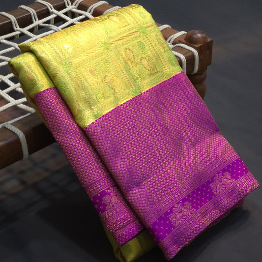 Parrot Green & Purple Kanchipuram Pure Silk Saree with Rich Zari Border – Traditional Bridal & Wedding Wear