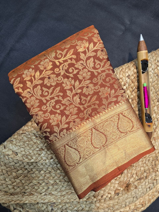 Rust Brown Kanchipuram Semi Soft Silk Saree with Rich Gold Zari Floral Border