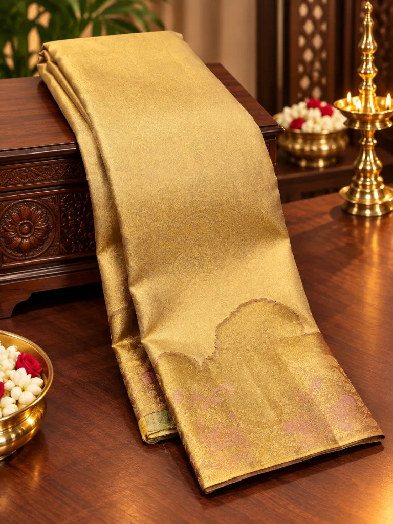 Champagne Gold Pure Kanchipuram Silk Saree with Antique Gold Zari Floral Border | Luxury Bridal Saree