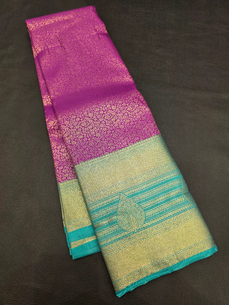 Royal Magenta Pink Semi Kanchipuram Silk Saree with Peacock Blue Gold Zari Border & Rich Pallu