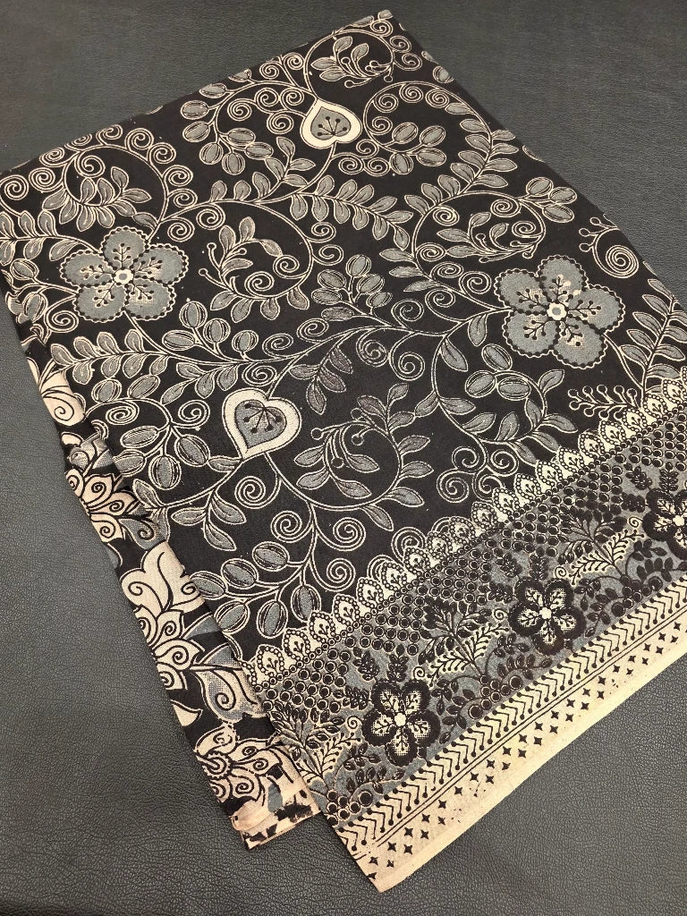 Black & Ivory Kalamkari Saree with Traditional Peacock Pallu | Floral Printed Ethnic Saree