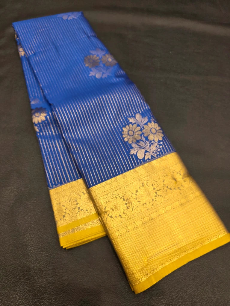 Royal Blue Semi Kanchipuram Silk Saree with Mustard Gold Zari Border & Rich Floral Pallu