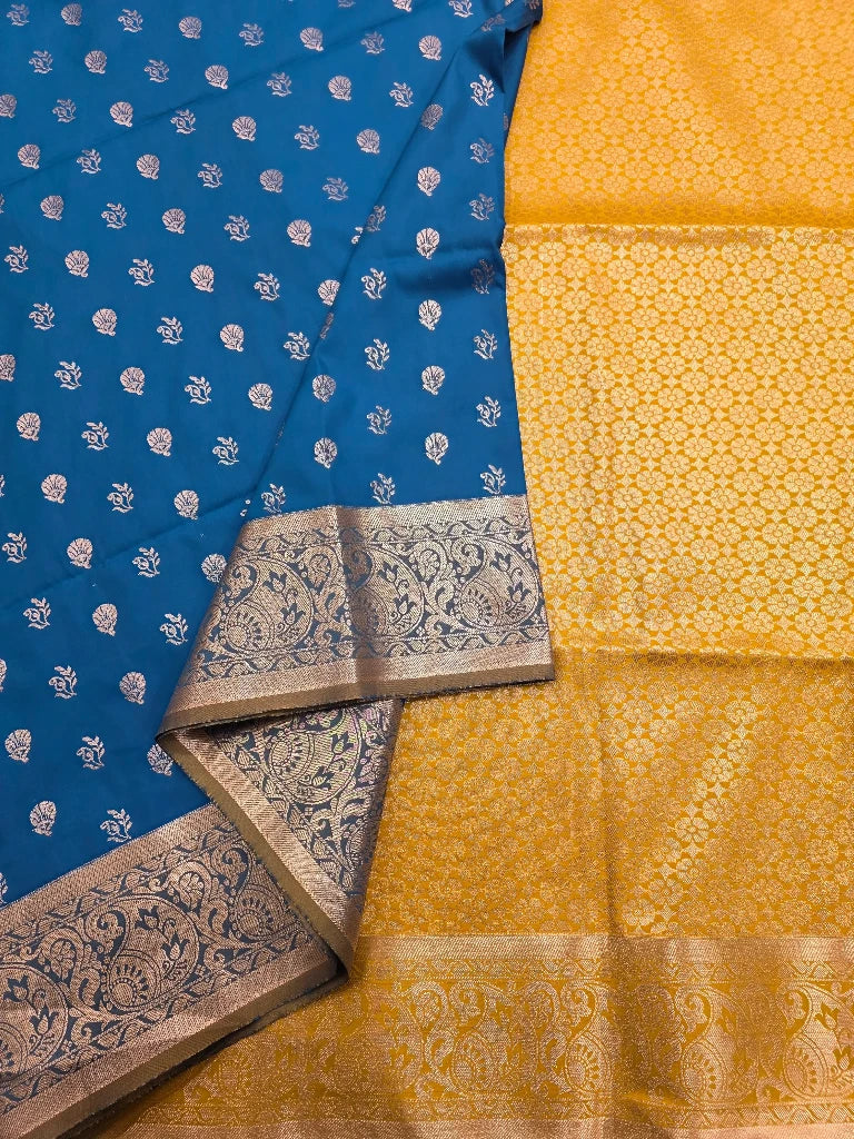 Royal Blue Semi Kanchipuram Silk Saree with Gold Zari Border & Mustard Yellow Floral Brocade Pallu