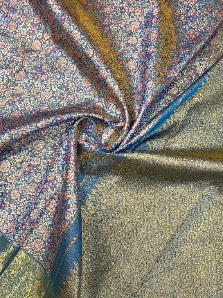 Royal Blue Floral Pure Kanchipuram Silk Saree with Teal Blue Gold Zari Border | Bridal Silk Saree