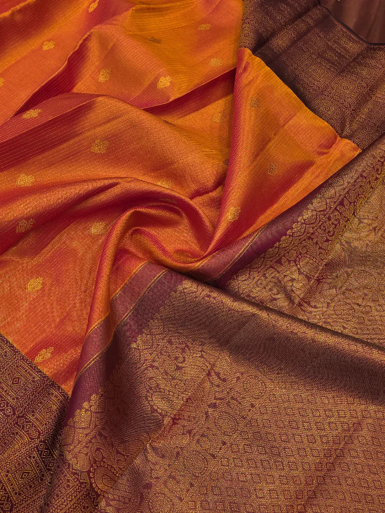 Sunset Orange Pure Kanchipuram Silk Saree with Purple Gold Zari Border | Traditional Bridal Silk Saree