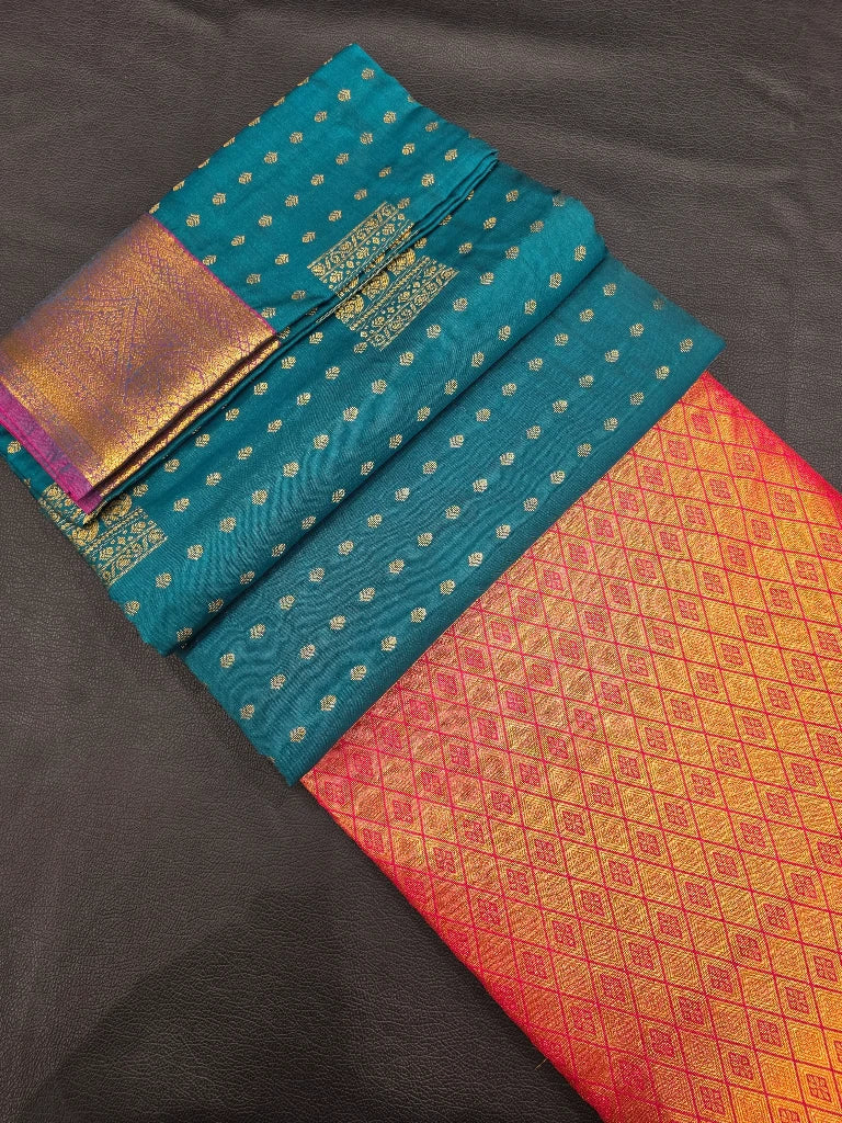 Peacock Blue Semi Kanchipuram Silk Saree with Rani Pink Gold Zari Pallu & Traditional Border