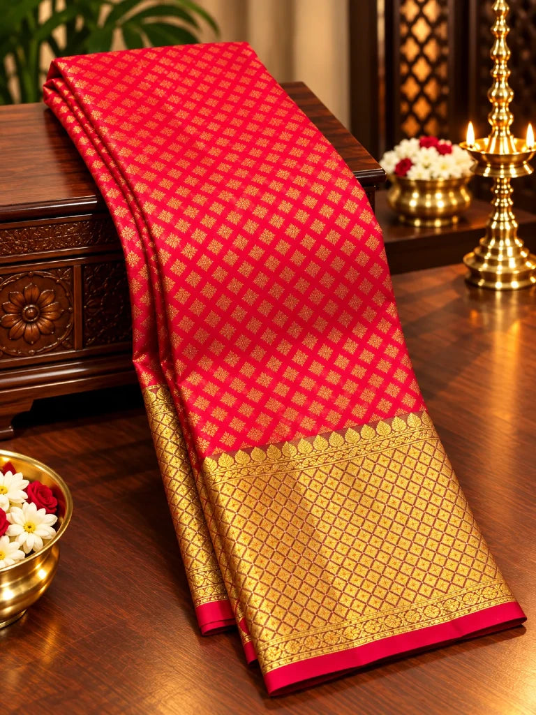 Royal Red Pure Kanchipuram Silk Saree with Antique Gold Zari Diamond Border | Traditional Bridal Saree