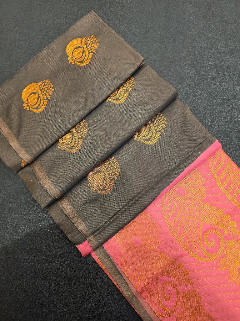 Charcoal Grey Semi Kanchipuram Silk Saree with Gold Zari Buttas & Rich Pink Paisley Pallu