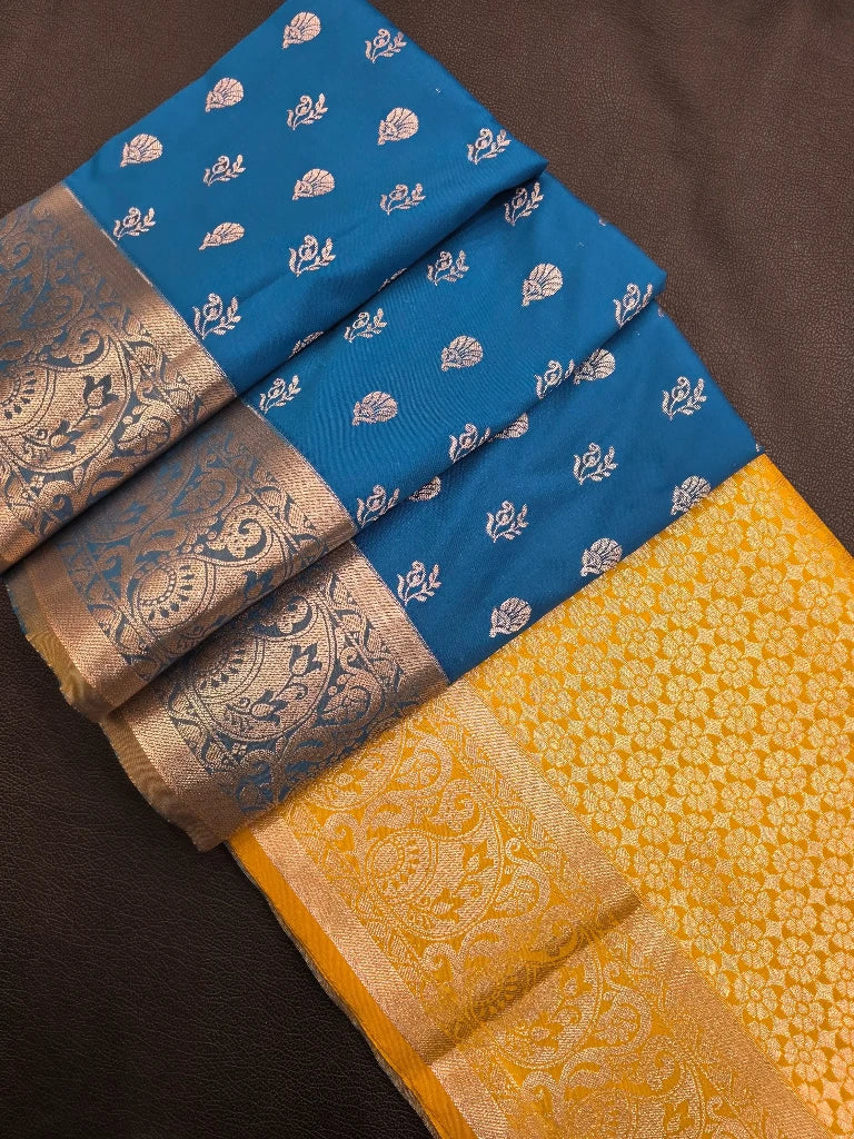 Royal Blue Semi Kanchipuram Silk Saree with Gold Zari Border & Mustard Yellow Floral Brocade Pallu