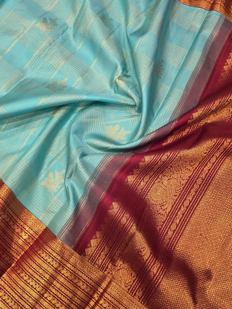 Sky Blue Pure Kanchipuram Silk Saree with Maroon Gold Zari Border | Traditional Bridal Silk Saree