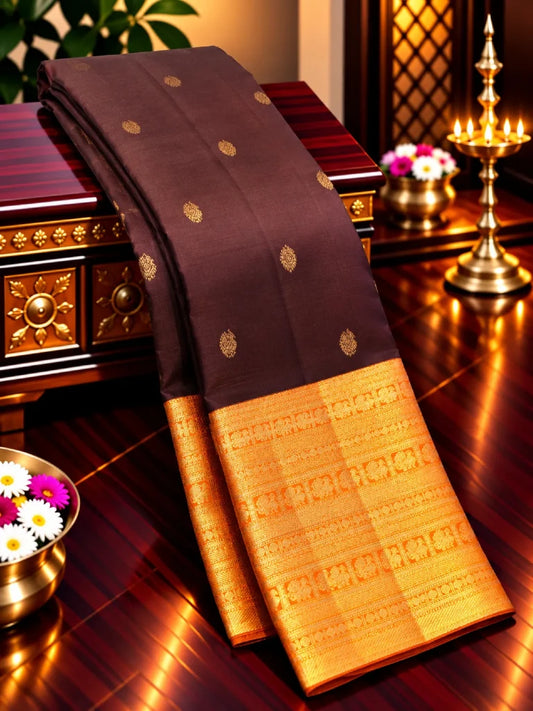 Dark Plum Pure Kanchipuram Silk Saree with Multicolor Checks Pallu & Gold Zari Border