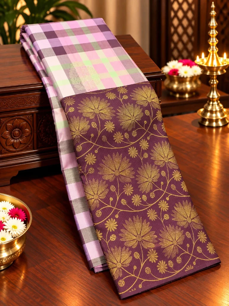Pastel Multicolor Checks Pure Kanchipuram Silk Saree with Purple Floral Zari Border | Bridal Silk Saree