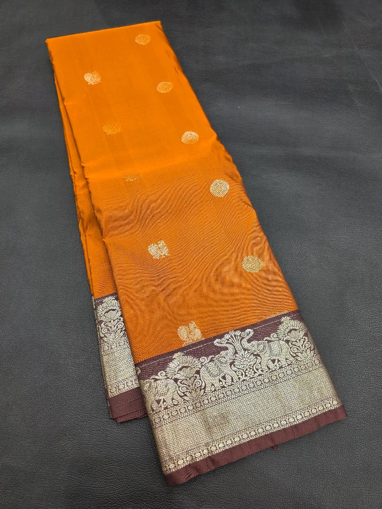 Royal Mustard Orange Semi Kanchipuram Silk Saree with Chocolate Brown Silver Zari Border & Rich Pallu