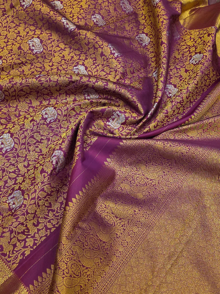 Royal Wine Purple Pure Kanchipuram Silk Saree with Elephant Motifs & Rich Gold Zari Border | Bridal Saree