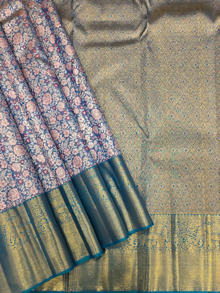 Royal Blue Floral Pure Kanchipuram Silk Saree with Teal Blue Gold Zari Border | Bridal Silk Saree