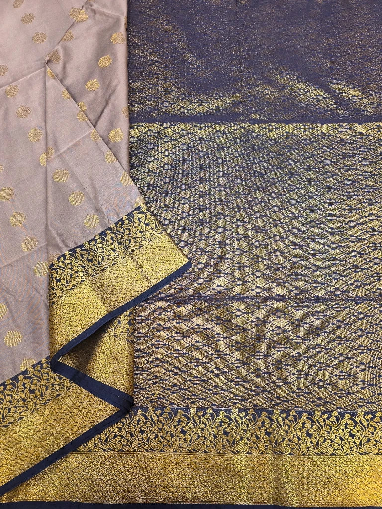 Silver Grey Semi Kanchipuram Silk Saree with Navy Blue Gold Zari Border & Rich Pallu