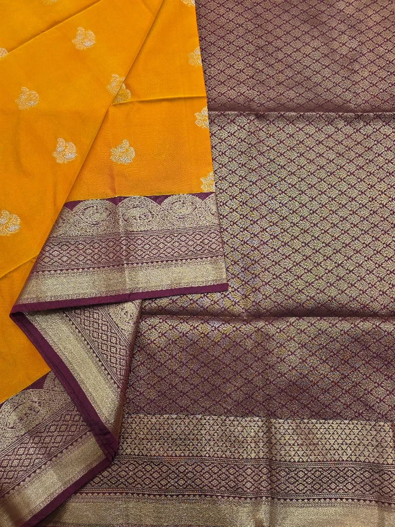 Mustard Yellow Semi Kanchipuram Silk Saree with Gold Zari Border & Wine Purple Brocade Pallu
