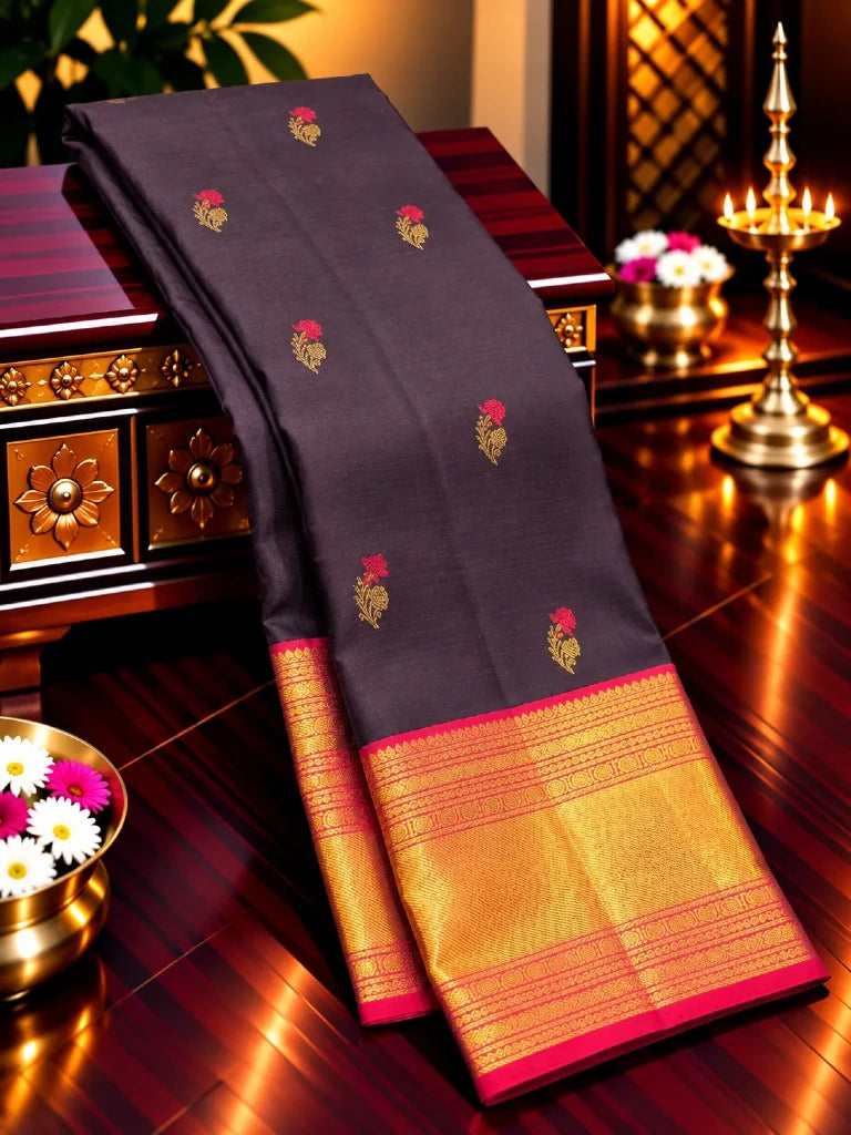 Midnight Navy & Magenta Pure Kanchipuram Silk Saree with Floral Buttas | Bridal Saree