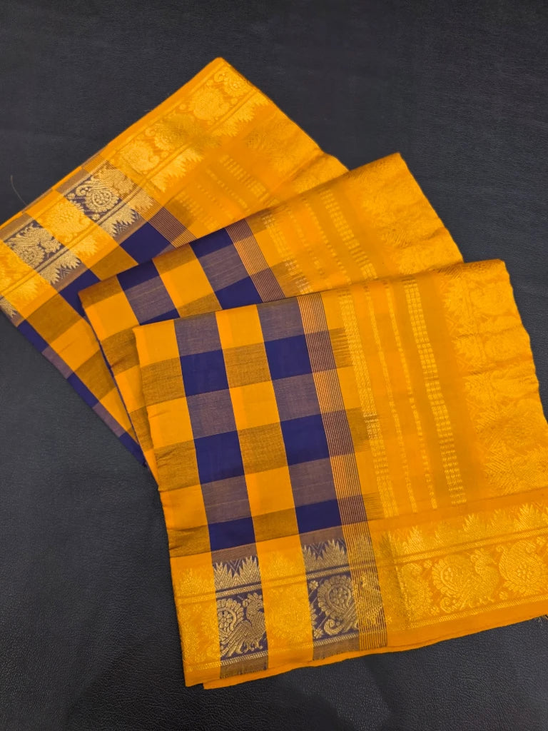 Mustard Yellow & Royal Blue Checks Semi Silk Cotton Saree with Gold Zari Border | Kanchipuram Style
