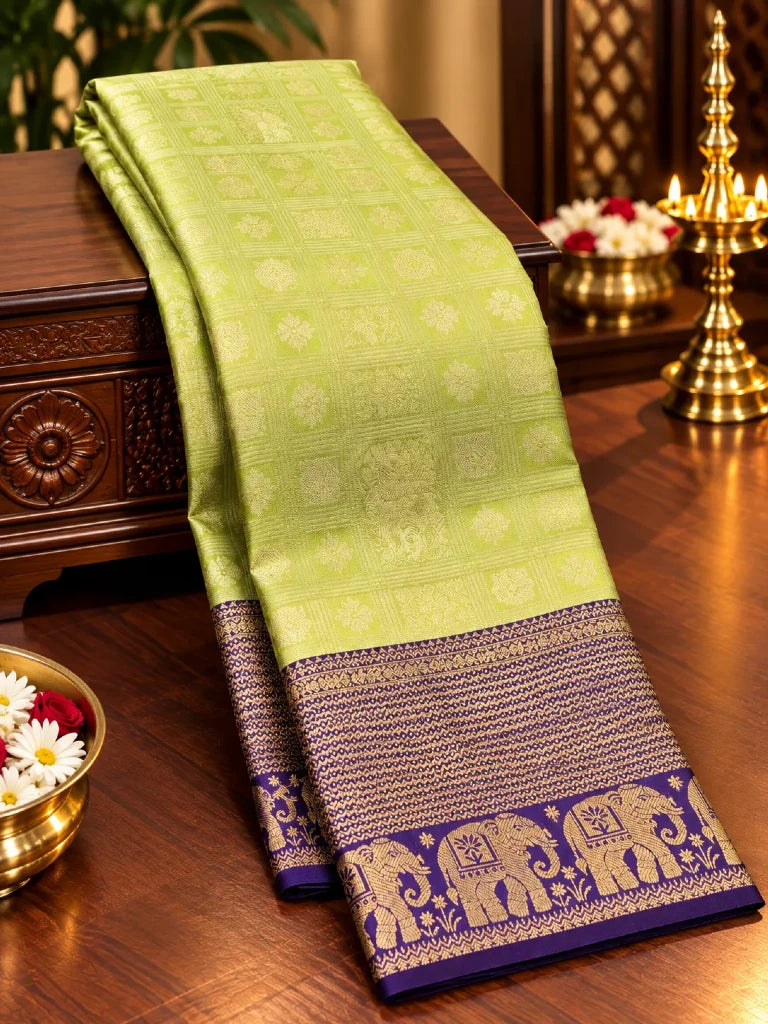 Parrot Green & Royal Purple Pure Kanchipuram Silk Saree with Gold Zari Elephant Border | Bridal Saree