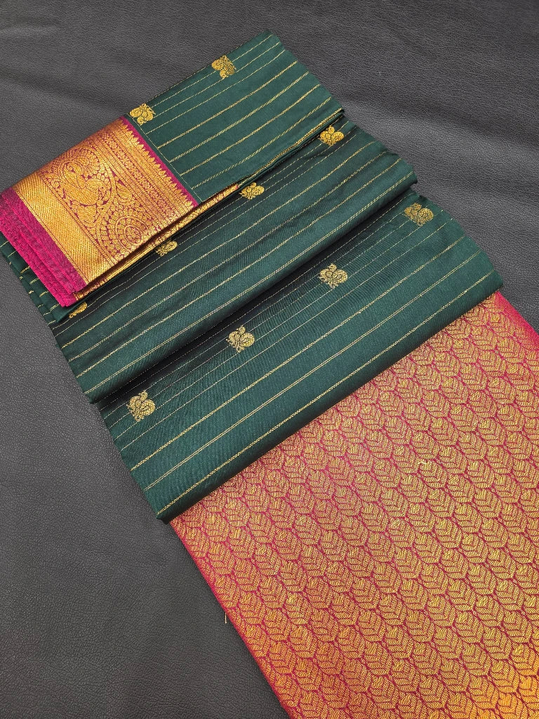 Peacock Green Semi Kanchipuram Silk Saree with Magenta Pink Pallu & Rich Gold Zari Border