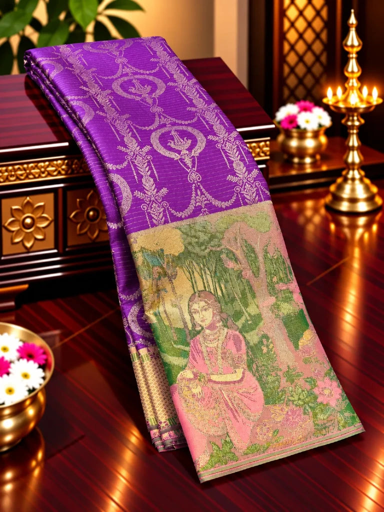 Royal Purple Pure Kanchipuram Silk Saree with Radha Krishna Inspired Zari Border & Pink Pallu | Bridal Saree