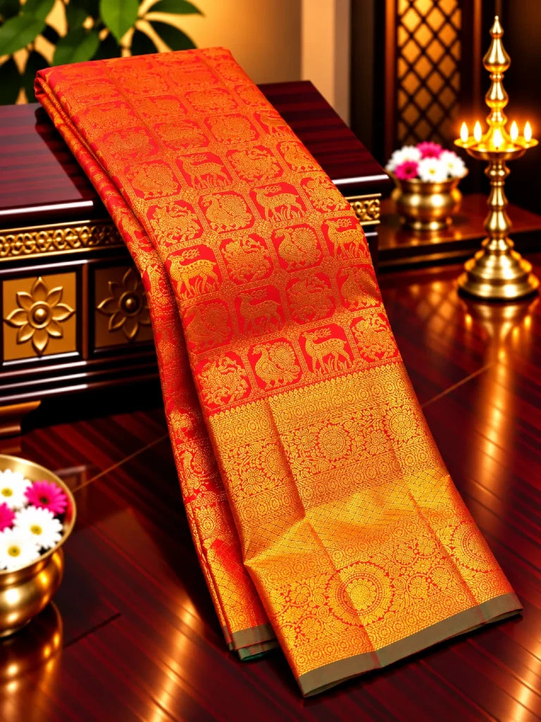Royal Red Pure Kanchipuram Silk Saree with Elephant & Peacock Motifs | Rich Gold Zari Bridal Saree