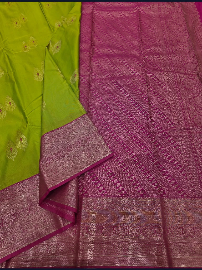 Parrot Green Semi Kanchipuram Silk Saree with Rani Pink Contrast Border & Rich Zari Pallu