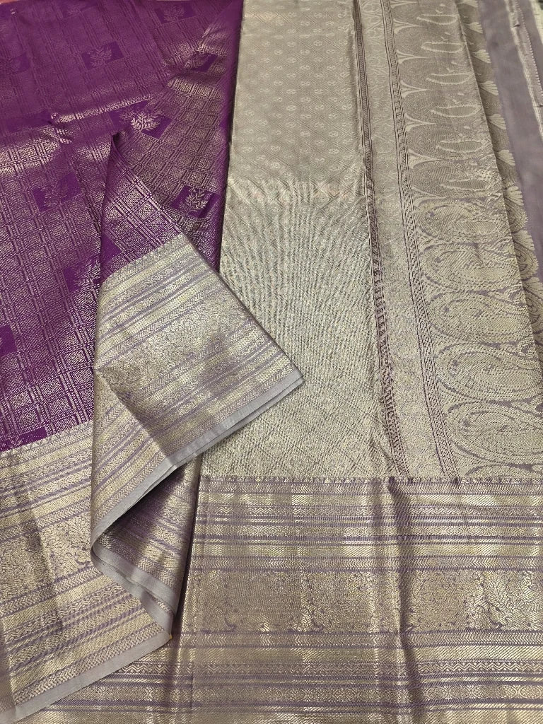 Royal Purple Semi Kanchipuram Silk Saree with Silver Gold Zari Border & Rich Contrast Pallu