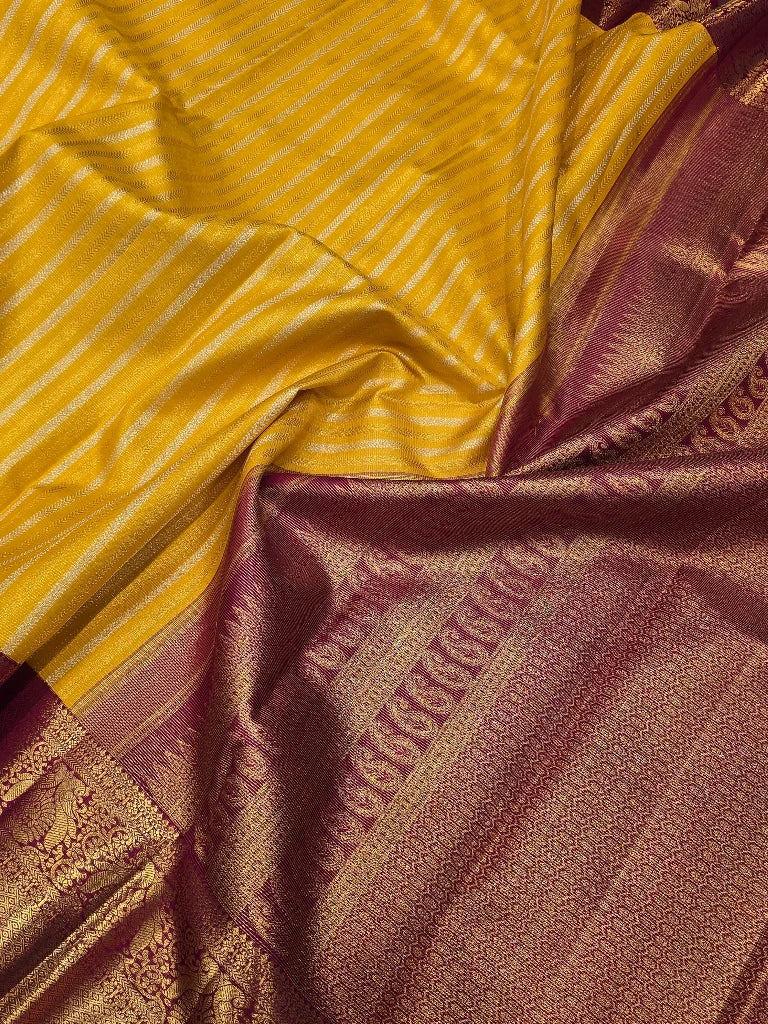 Mustard Yellow Pure Kanchipuram Silk Saree with Maroon Gold Zari Border | Traditional Bridal Saree