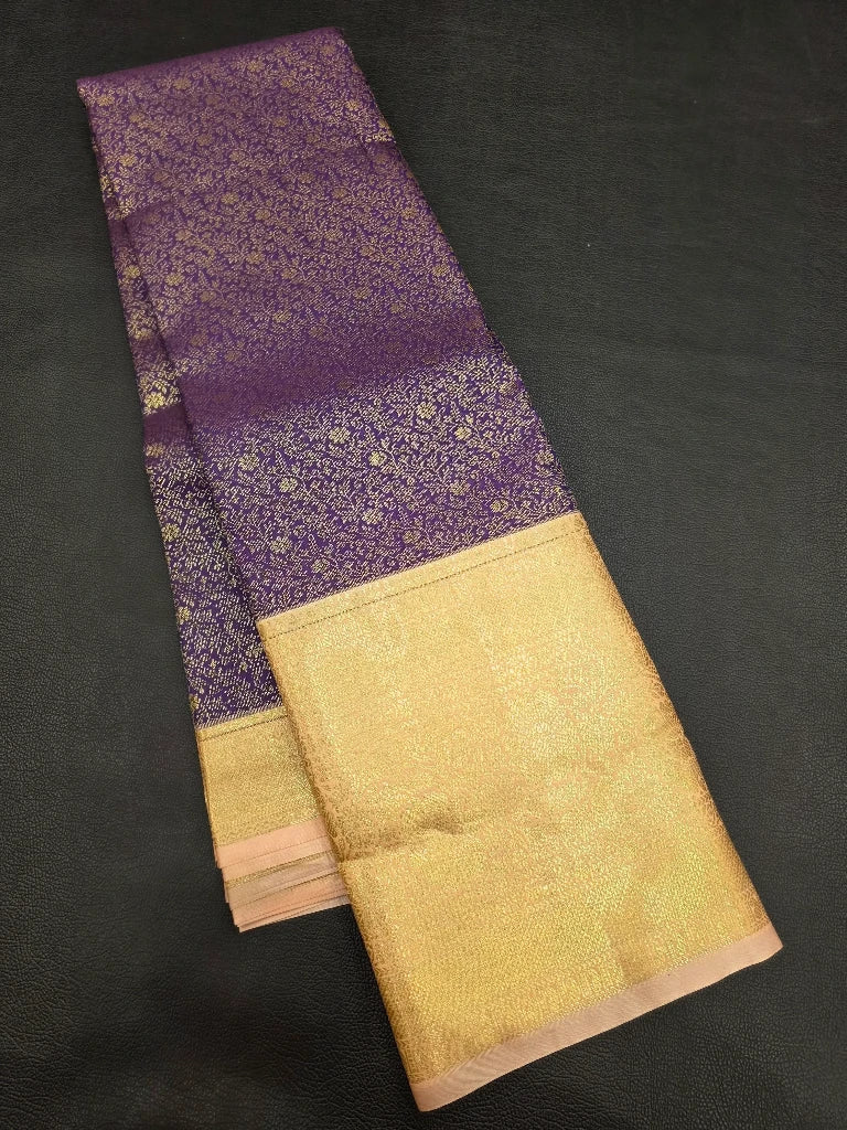 Royal Purple Semi Kanchipuram Silk Saree with Champagne Gold Zari Border & Rich Brocade Pallu