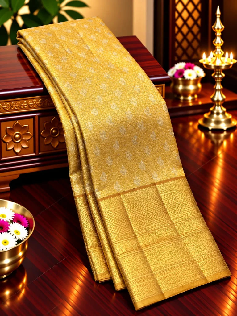 Antique Gold Pure Kanchipuram Silk Saree with Silver Zari Floral Buttas & Rich Golden Border | Bridal Collection