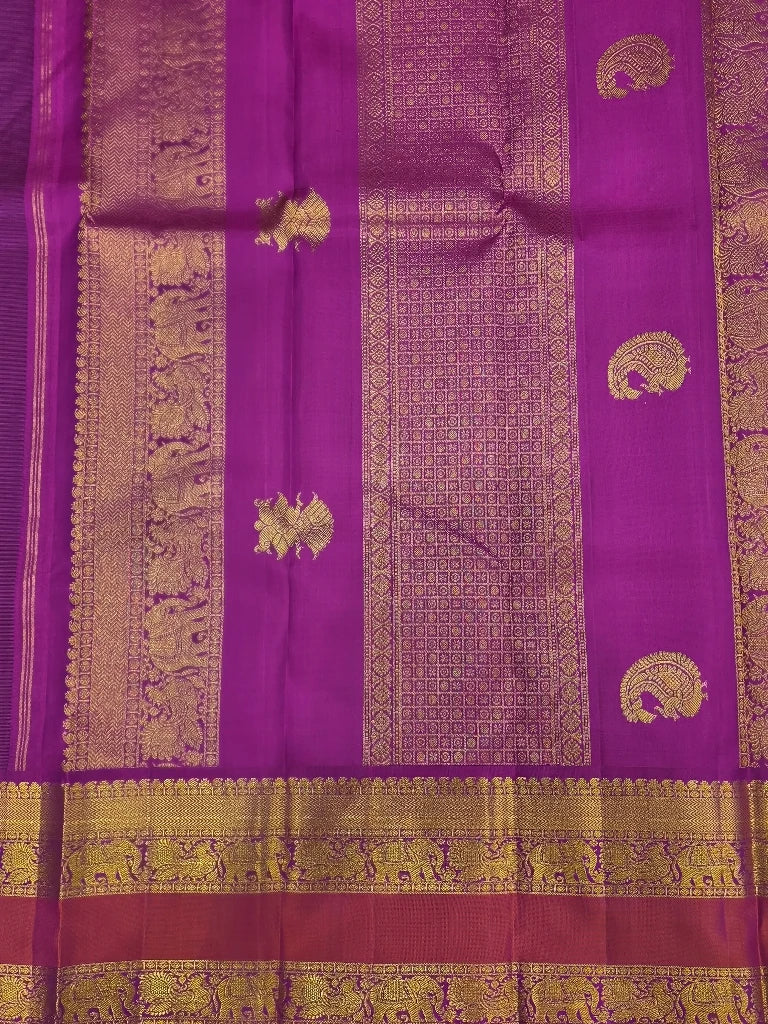 Royal Purple Pure Kanchipuram Silk Saree with Elephant & Peacock Zari Border | Bridal Saree