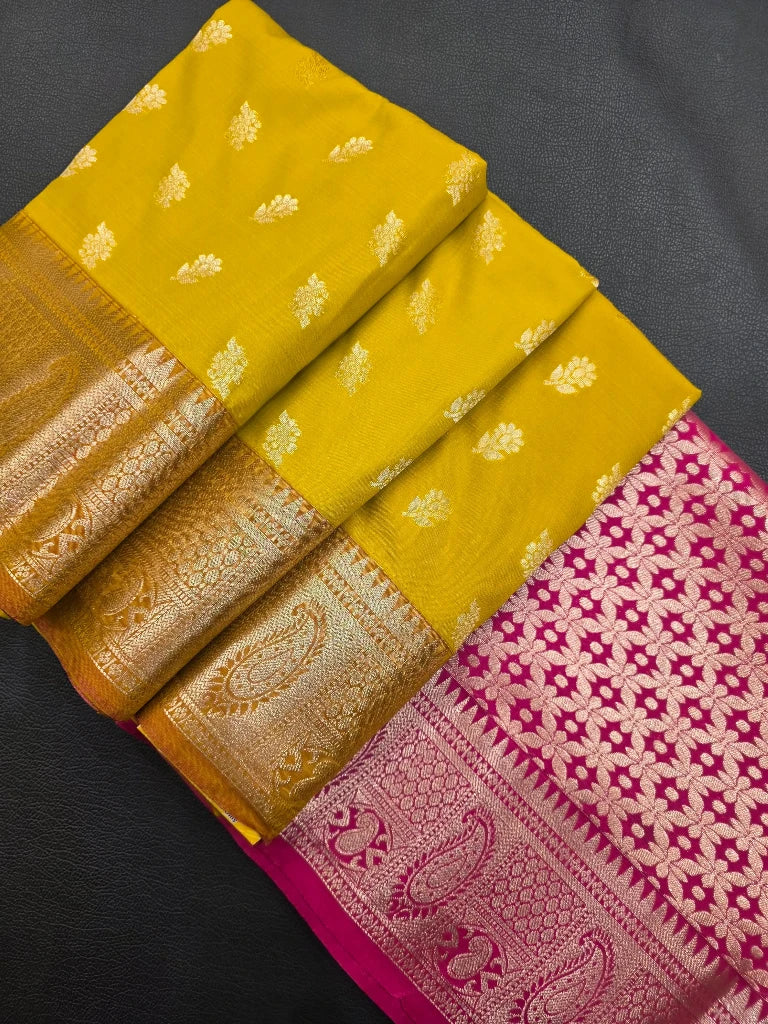 Mustard Yellow Semi Kanchipuram Silk Saree with Gold Zari Border & Rani Pink Floral Brocade Pallu