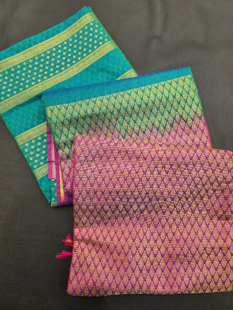 Teal Green Semi Kanchipuram Silk Saree with Magenta Purple Zari Border & Rich Gold Woven Pallu