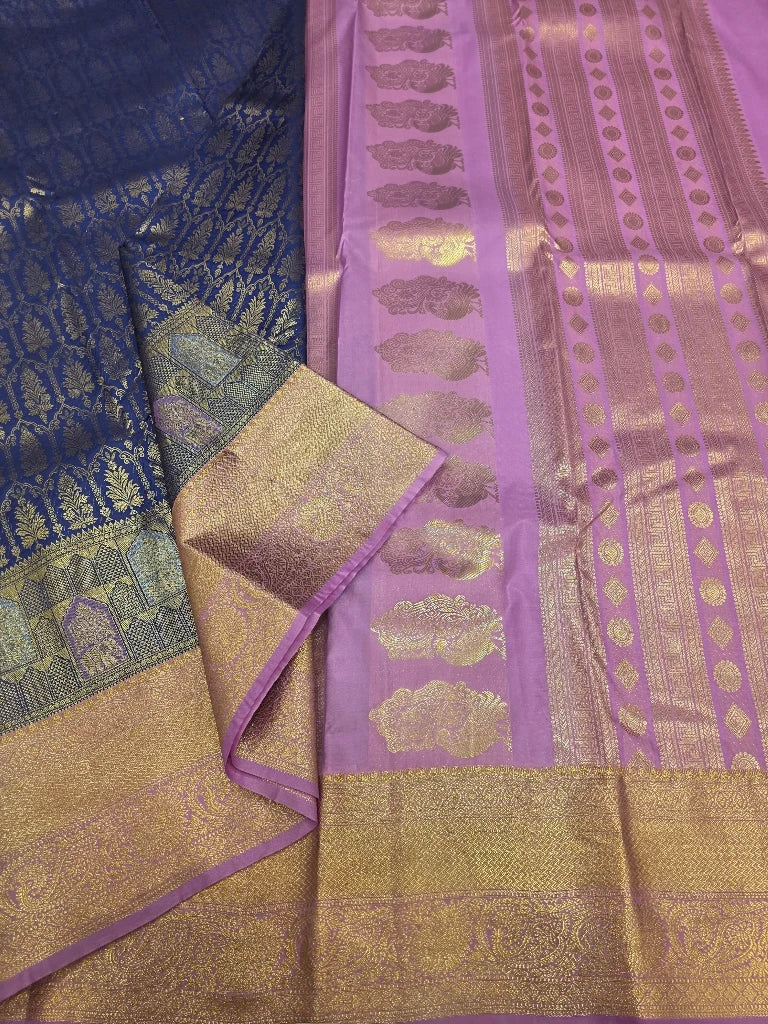 Royal Blue Semi Kanchipuram Silk Saree with Lavender Pink Gold Zari Border & Rich Pallu