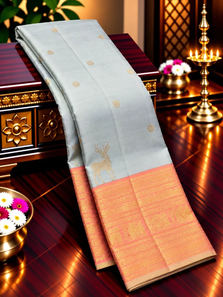 Ice Blue & Coral Pure Kanchipuram Silk Saree with Deer Zari Motifs | Bridal Saree