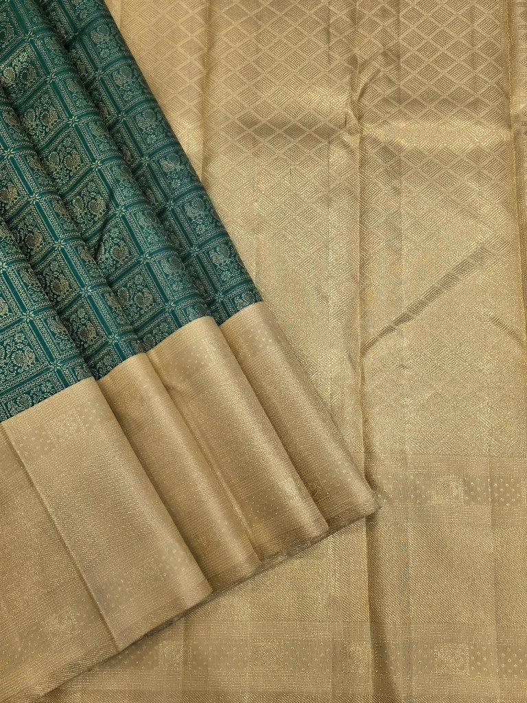 Royal Emerald Green Pure Kanchipuram Silk Saree with Champagne Gold Zari Border | Traditional Bridal Saree